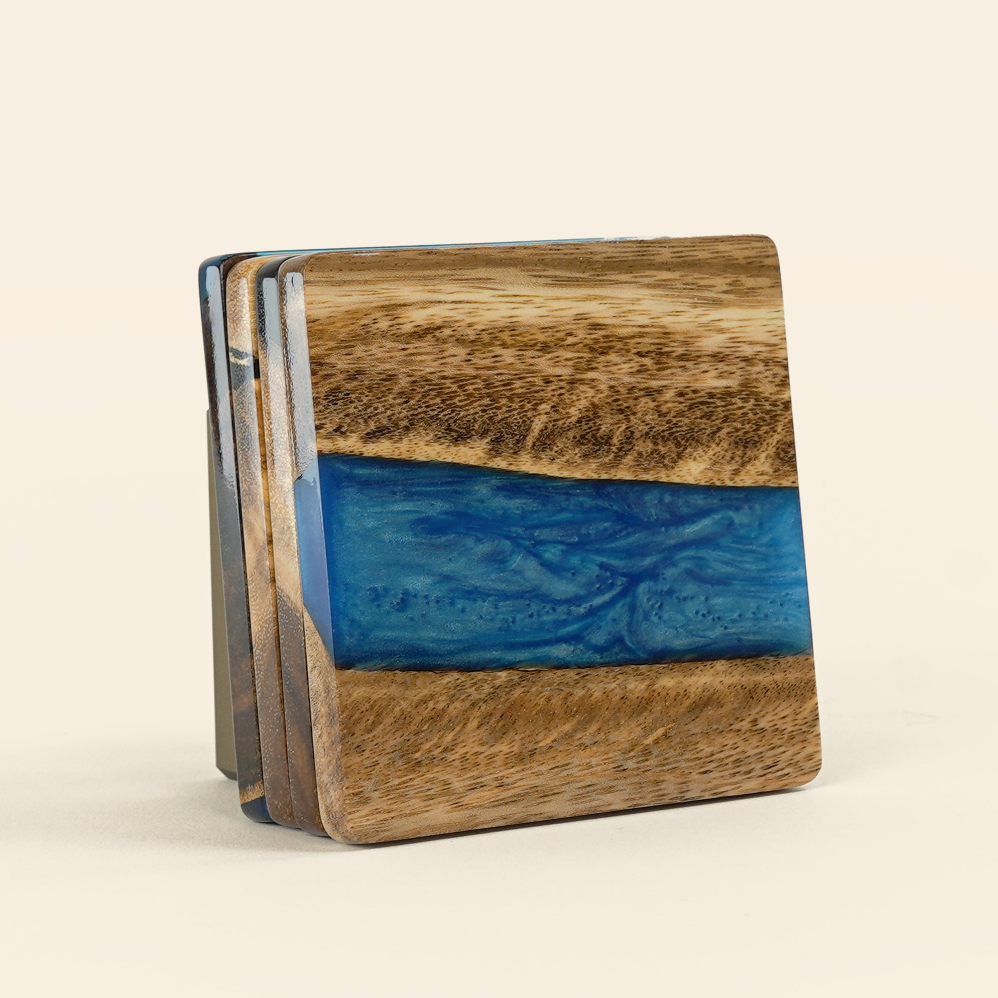 4” Acacia Coaster Set With Solid Resin (4-Pcs)