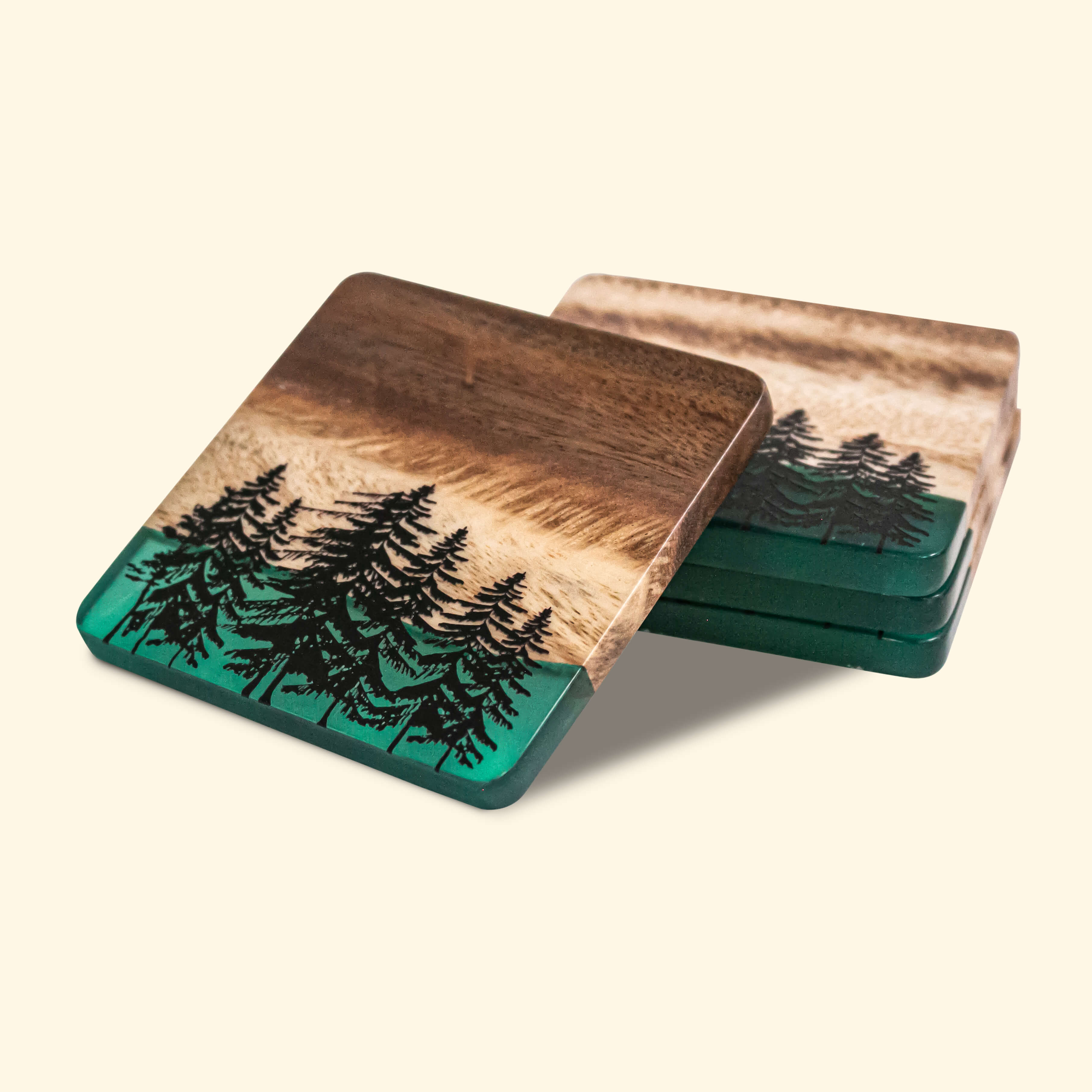 4" Acacia Coaster Set With Translucent and Tree Resin (4-Pcs)