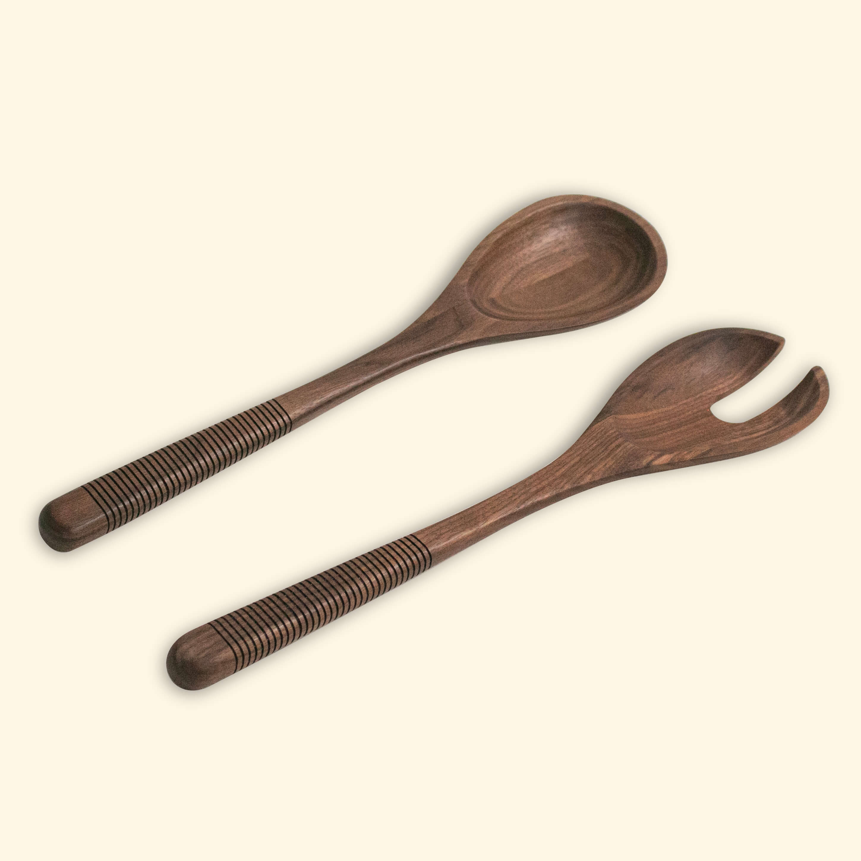 Walnut Salad Spoon and Fork with Grooves in Handle (Pair)